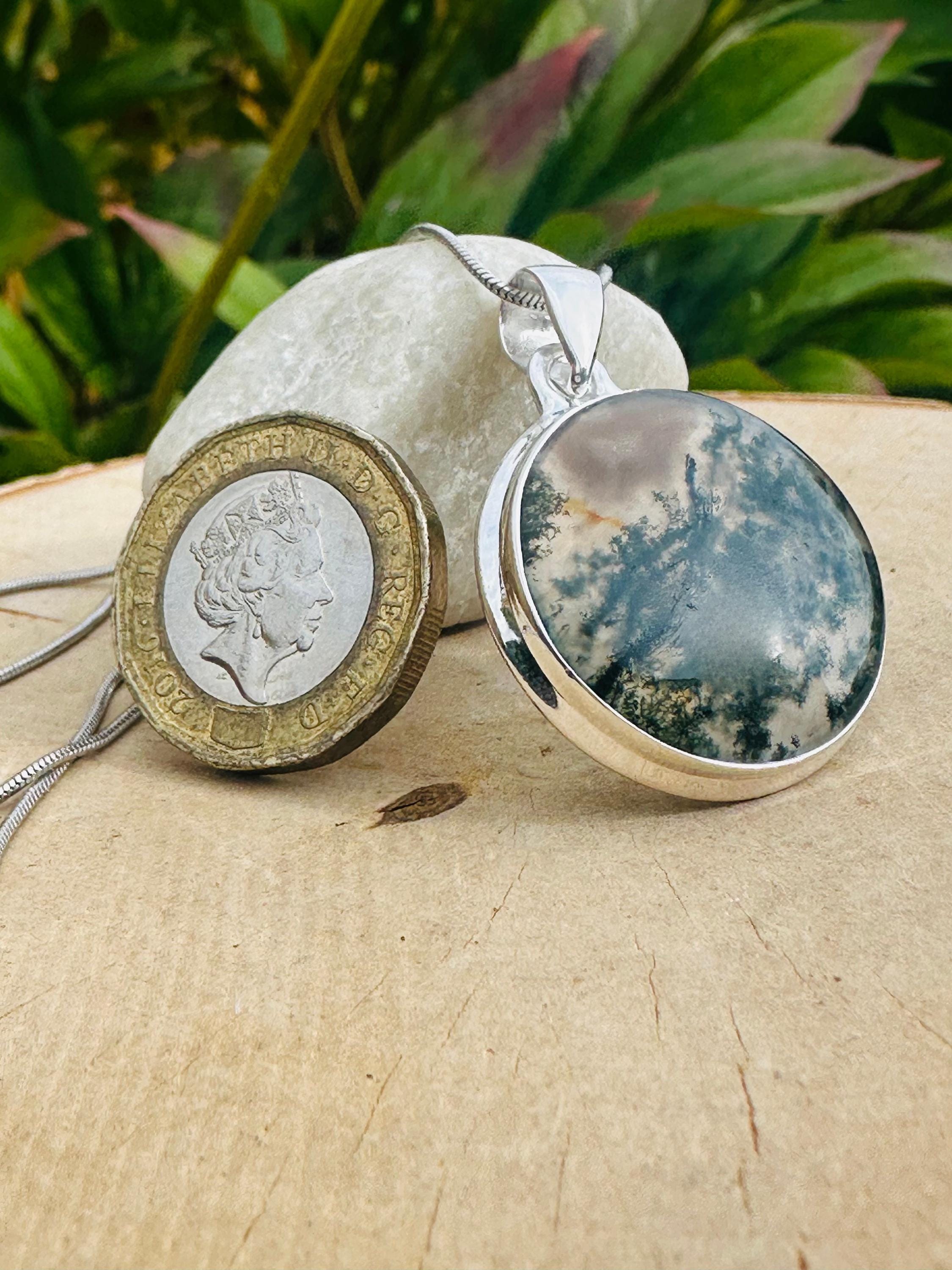 Moss Agate Pendant, Round 25mm x 25mm Sterling Silver, Handmade UK gift