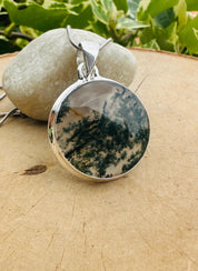 Moss Agate Pendant, Round 25mm x 25mm Sterling Silver, Handmade UK gift