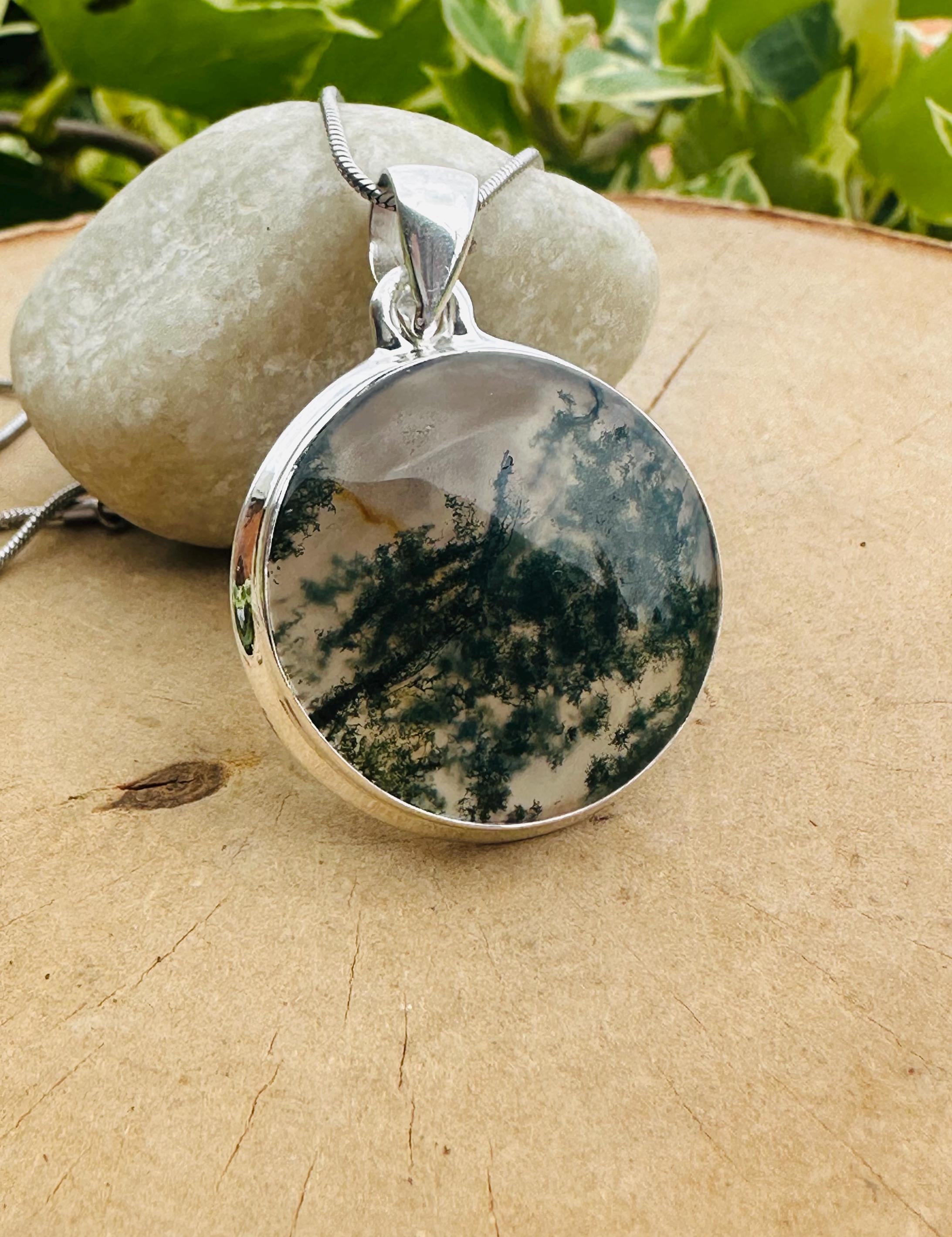 Moss Agate Pendant, Round 25mm x 25mm Sterling Silver, Handmade UK gift