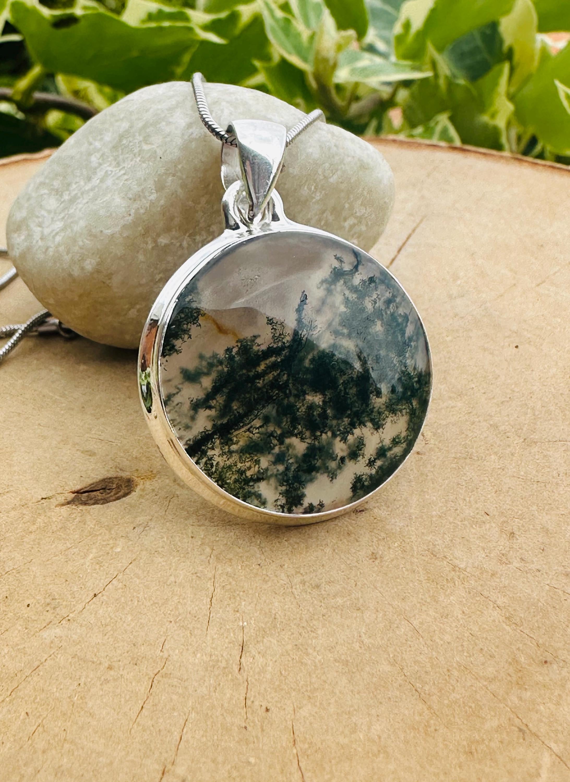 Moss Agate Pendant, Round 25mm x 25mm Sterling Silver, Handmade UK gift