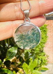 Moss Agate Pendant, Round 25mm x 25mm Sterling Silver, Handmade UK gift