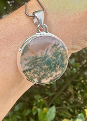 Moss Agate Pendant, Round 25mm x 25mm Sterling Silver, Handmade UK gift