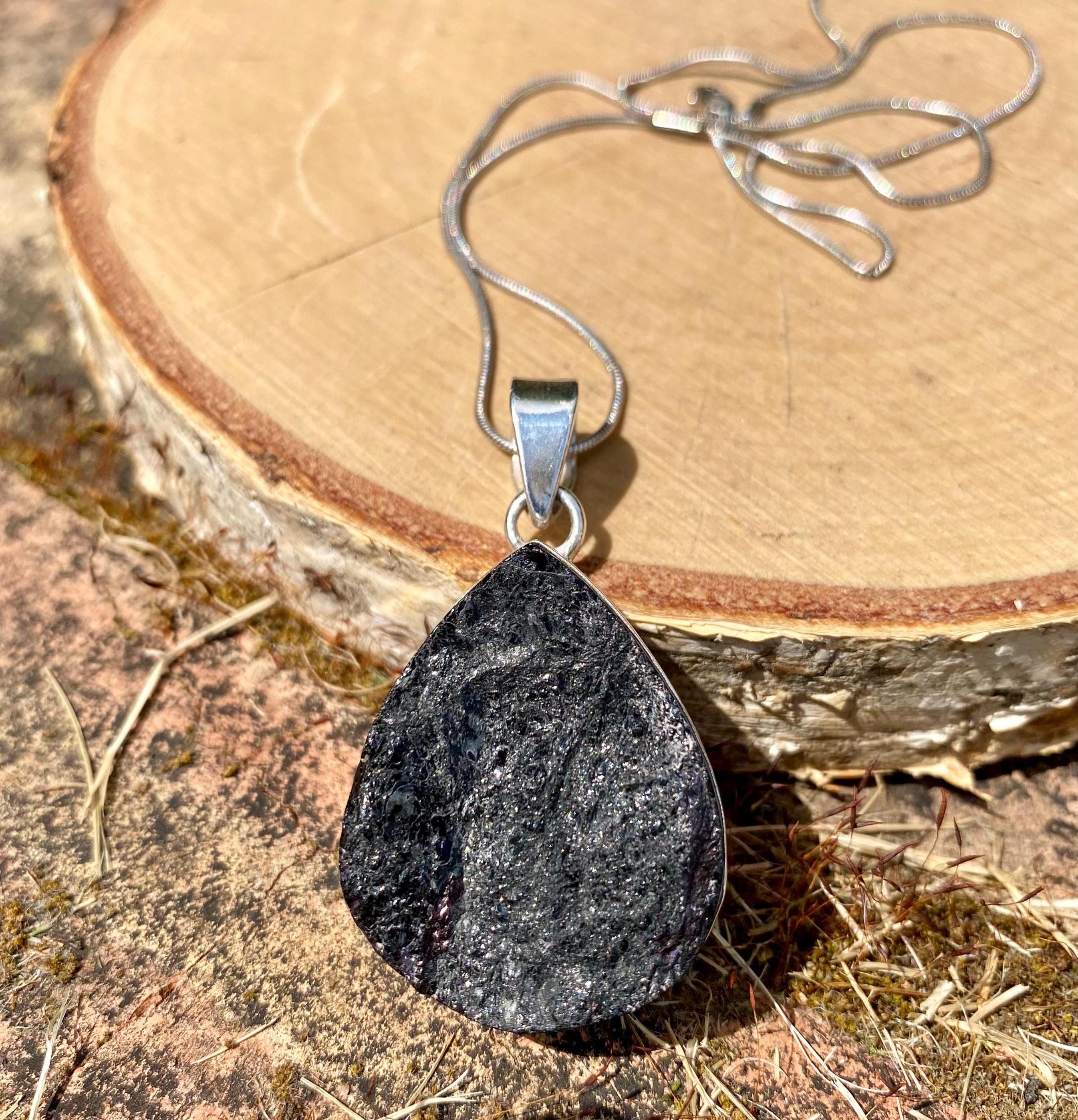Raw Black Tourmaline Pendant, Teardrop 33mm x 27mm Sterling Silver, Handmade UK