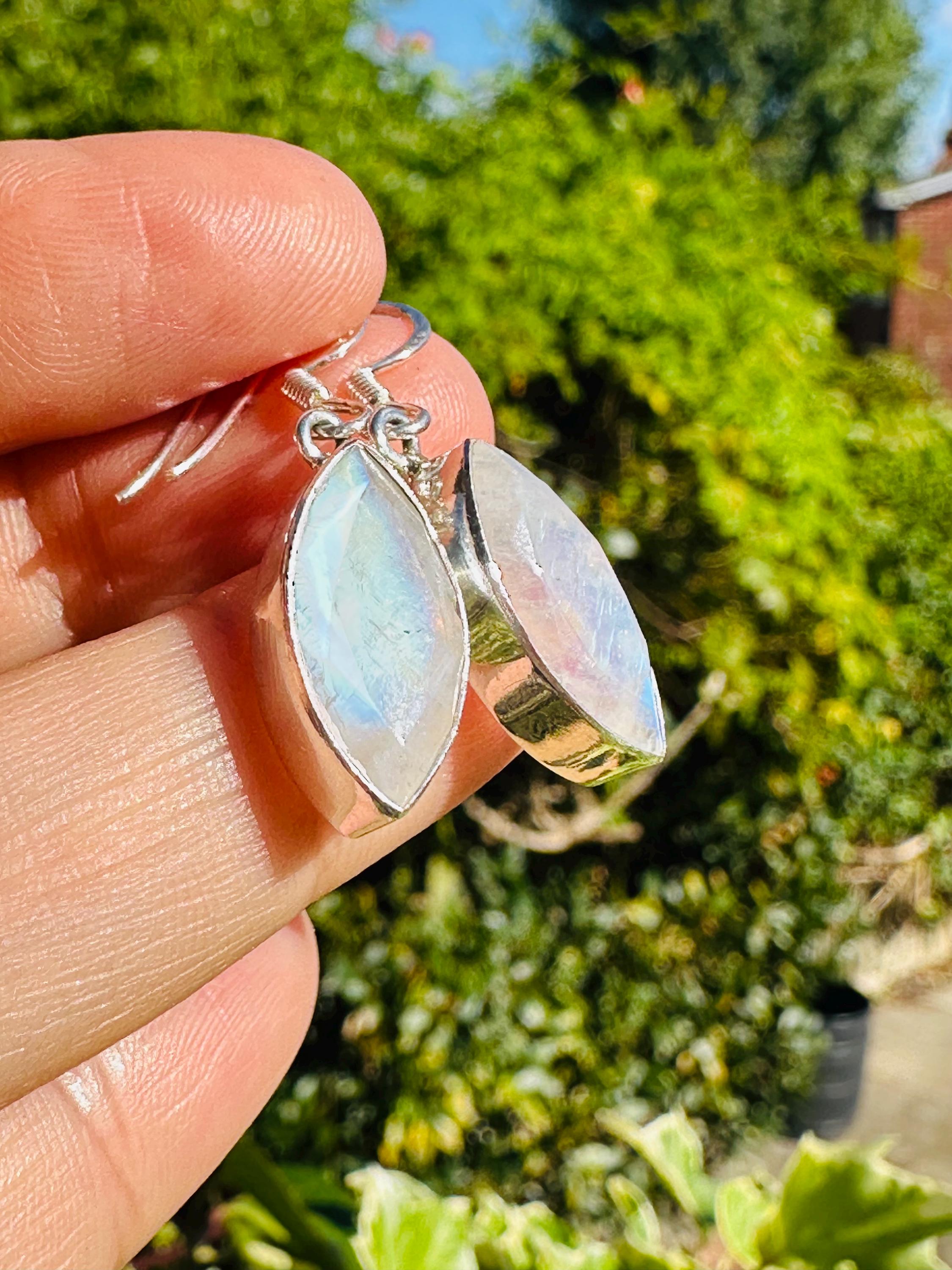 Blue Fire Moonstone Dangle Earrings: Sterling Silver, Handmade UK
