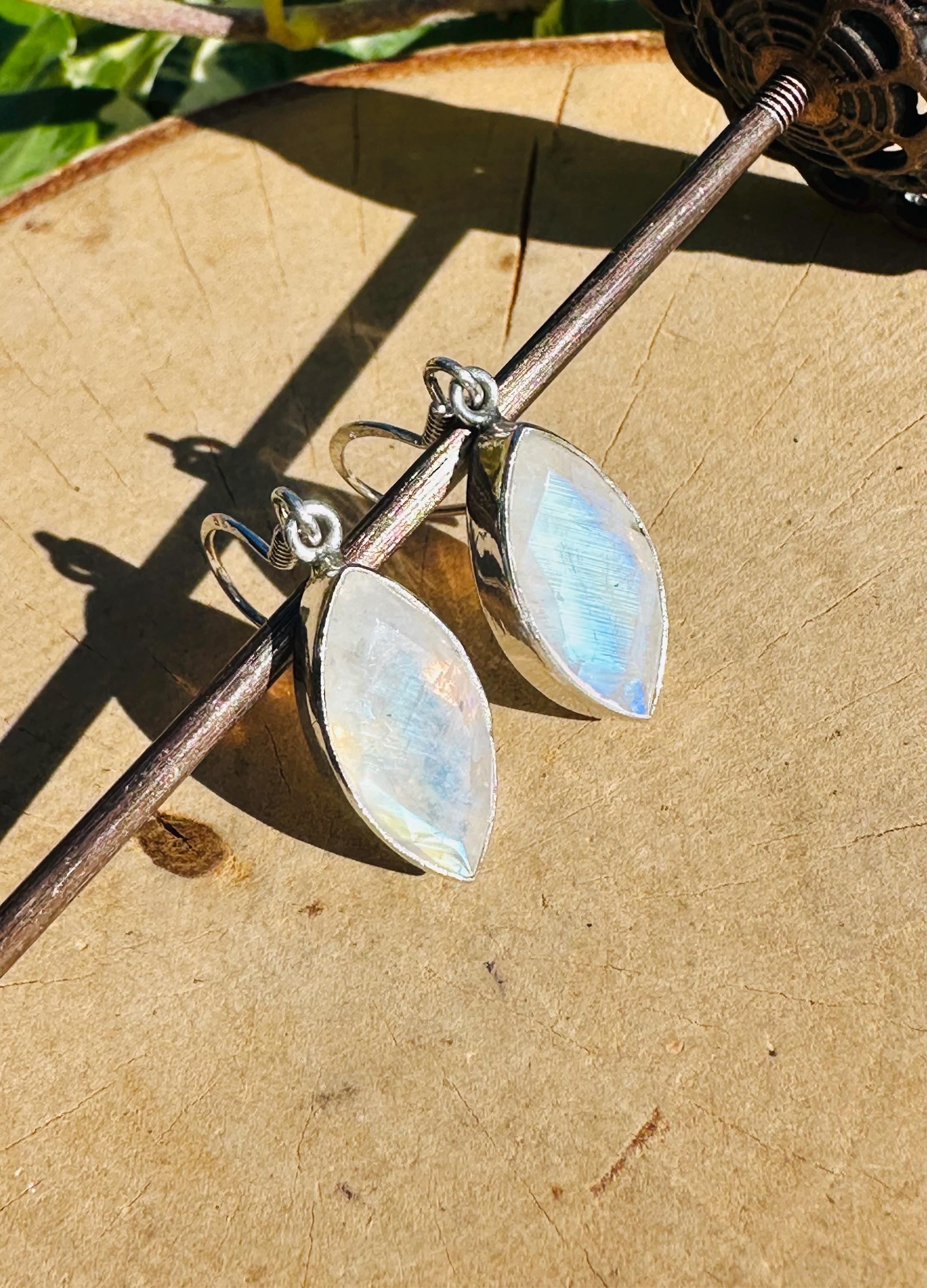 Blue Fire Moonstone Dangle Earrings: Sterling Silver, Handmade UK