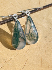 Moss Agate Dangle Earrings, Large Teardrop 21mm x 11mm Sterling Silver, Handmade UK gift