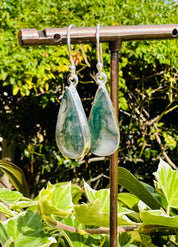 Moss Agate Dangle Earrings, Large Teardrop 21mm x 11mm Sterling Silver, Handmade UK gift