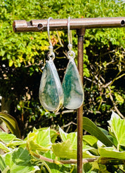Moss Agate Dangle Earrings, Large Teardrop 21mm x 11mm Sterling Silver, Handmade UK gift