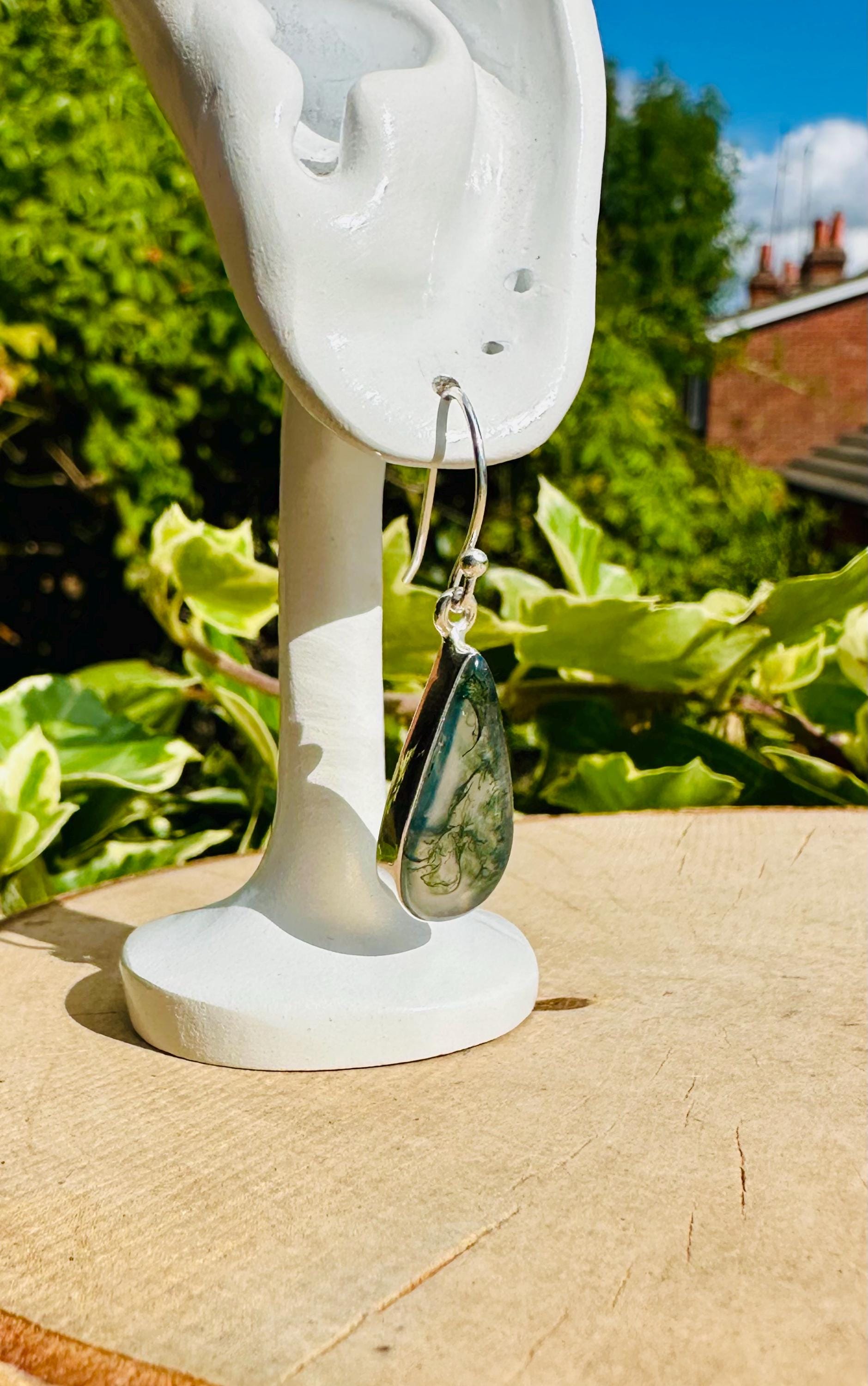 Moss Agate Dangle Earrings, Large Teardrop 21mm x 11mm Sterling Silver, Handmade UK gift