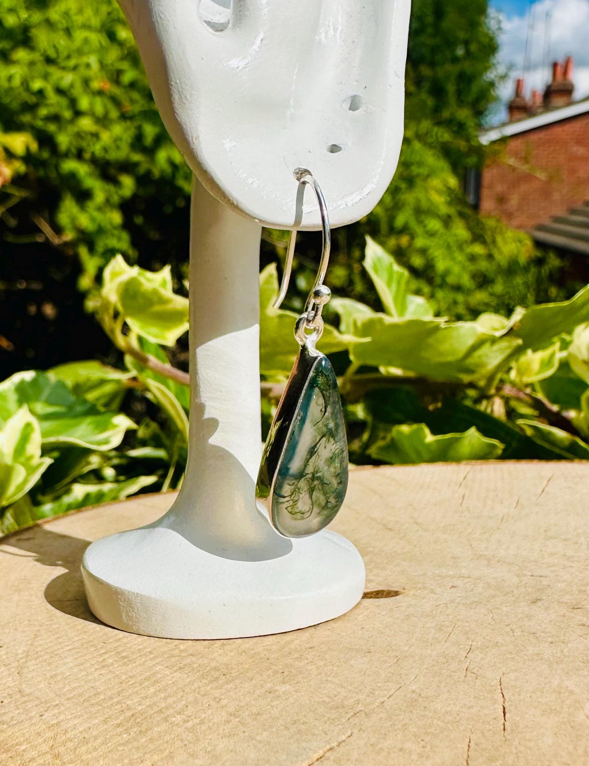 Moss Agate Dangle Earrings, Large Teardrop 21mm x 11mm Sterling Silver, Handmade UK gift