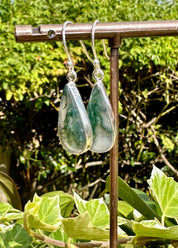 Moss Agate Dangle Earrings, Large Teardrop 21mm x 11mm Sterling Silver, Handmade UK gift