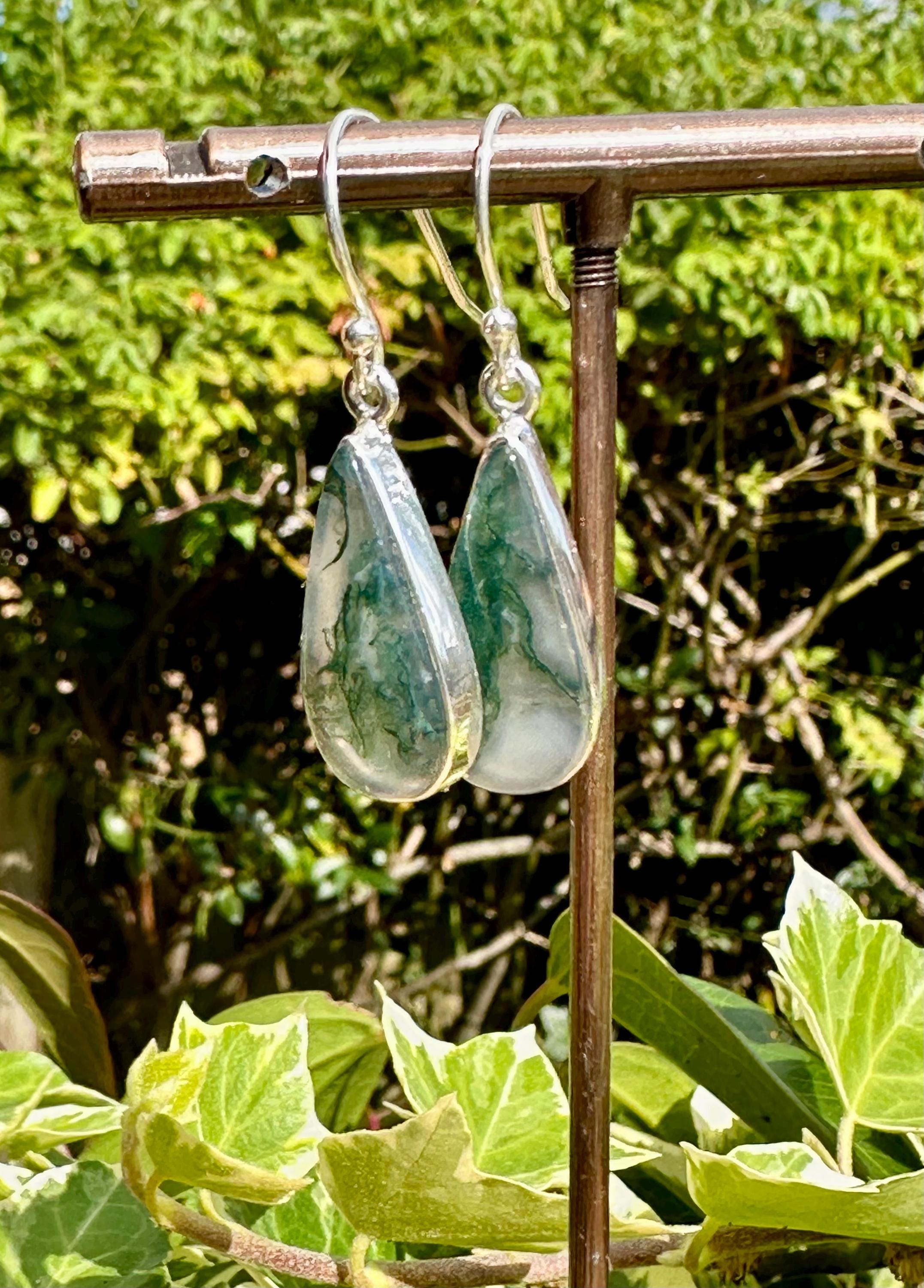 Moss Agate Dangle Earrings, Large Teardrop 21mm x 11mm Sterling Silver, Handmade UK gift