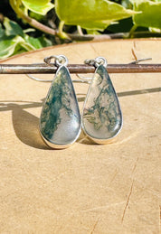 Moss Agate Dangle Earrings, Large Teardrop 21mm x 11mm Sterling Silver, Handmade UK gift