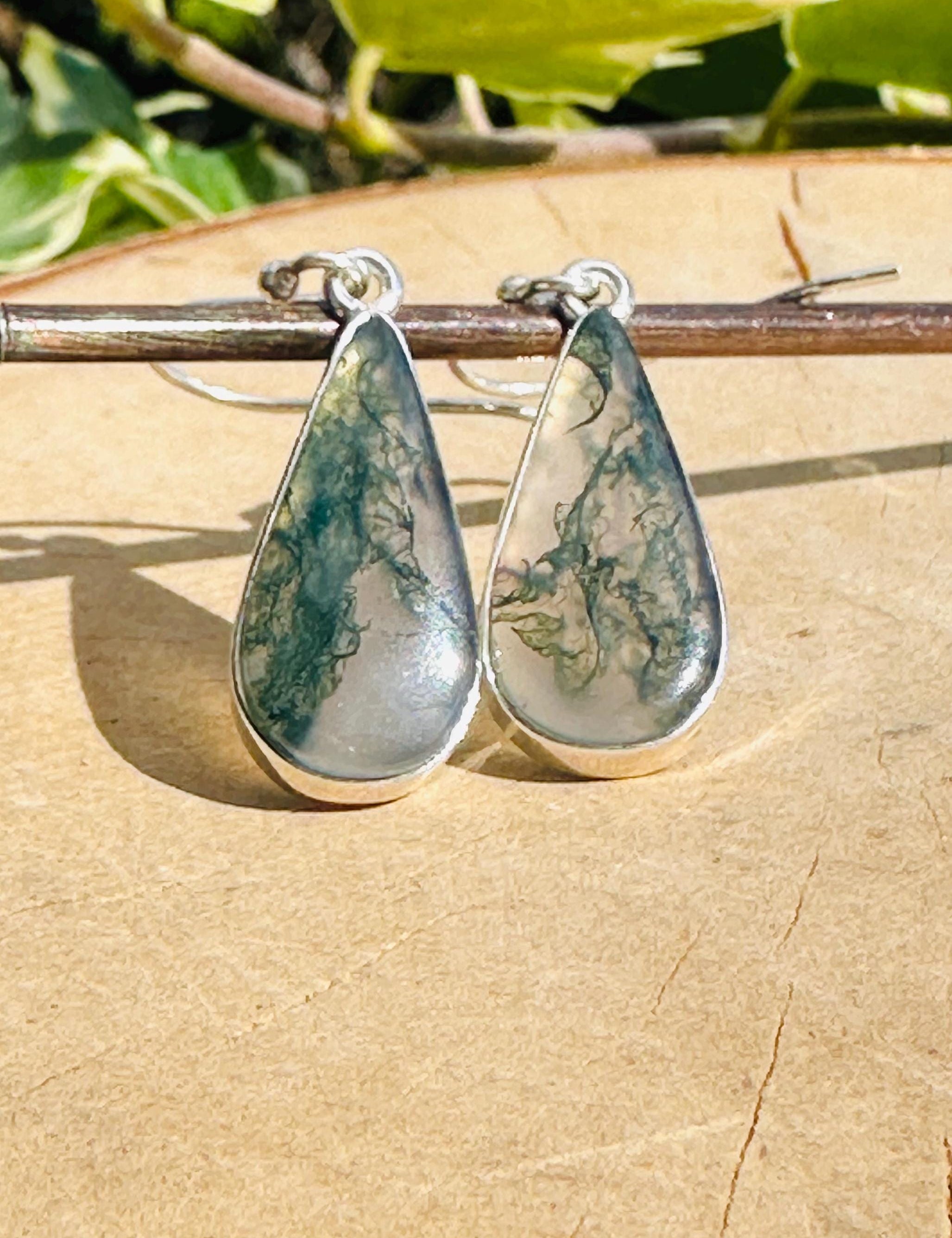Moss Agate Dangle Earrings, Large Teardrop 21mm x 11mm Sterling Silver, Handmade UK gift