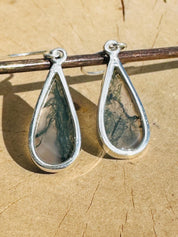 Moss Agate Dangle Earrings, Large Teardrop 21mm x 11mm Sterling Silver, Handmade UK gift