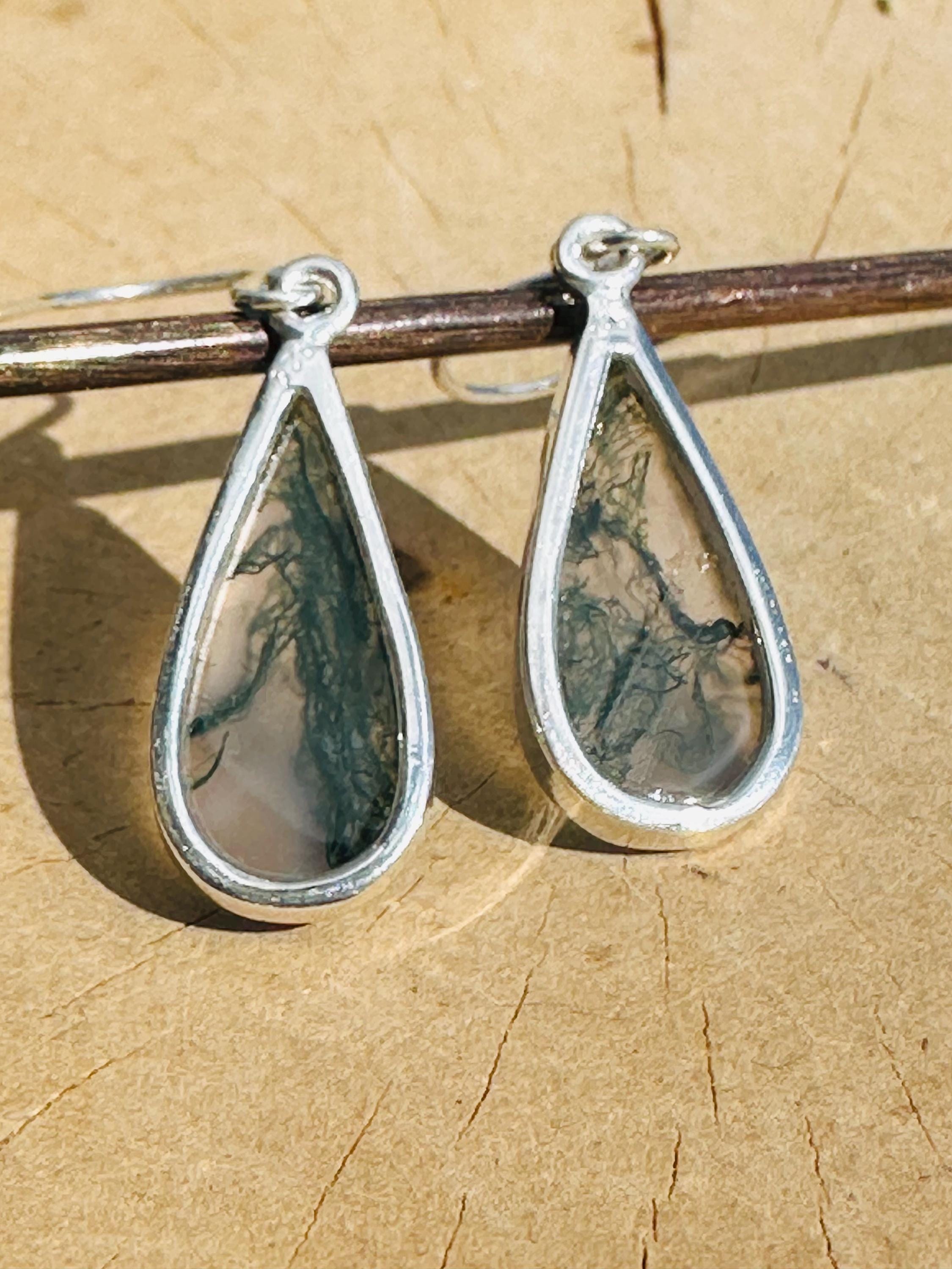 Moss Agate Dangle Earrings, Large Teardrop 21mm x 11mm Sterling Silver, Handmade UK gift