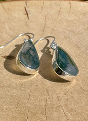 Moss Agate Dangle Earrings, Large Teardrop 21mm x 11mm Sterling Silver, Handmade UK gift