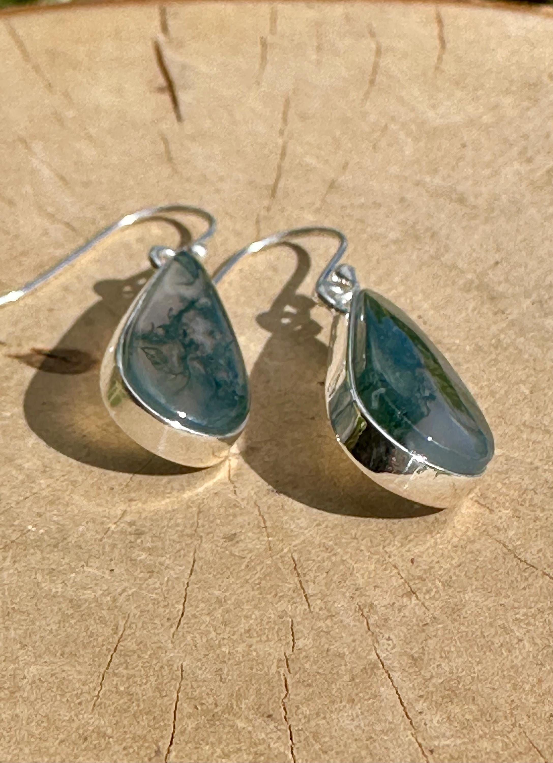 Moss Agate Dangle Earrings, Large Teardrop 21mm x 11mm Sterling Silver, Handmade UK gift