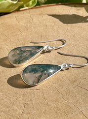 Moss Agate Dangle Earrings, Large Teardrop 21mm x 11mm Sterling Silver, Handmade UK gift