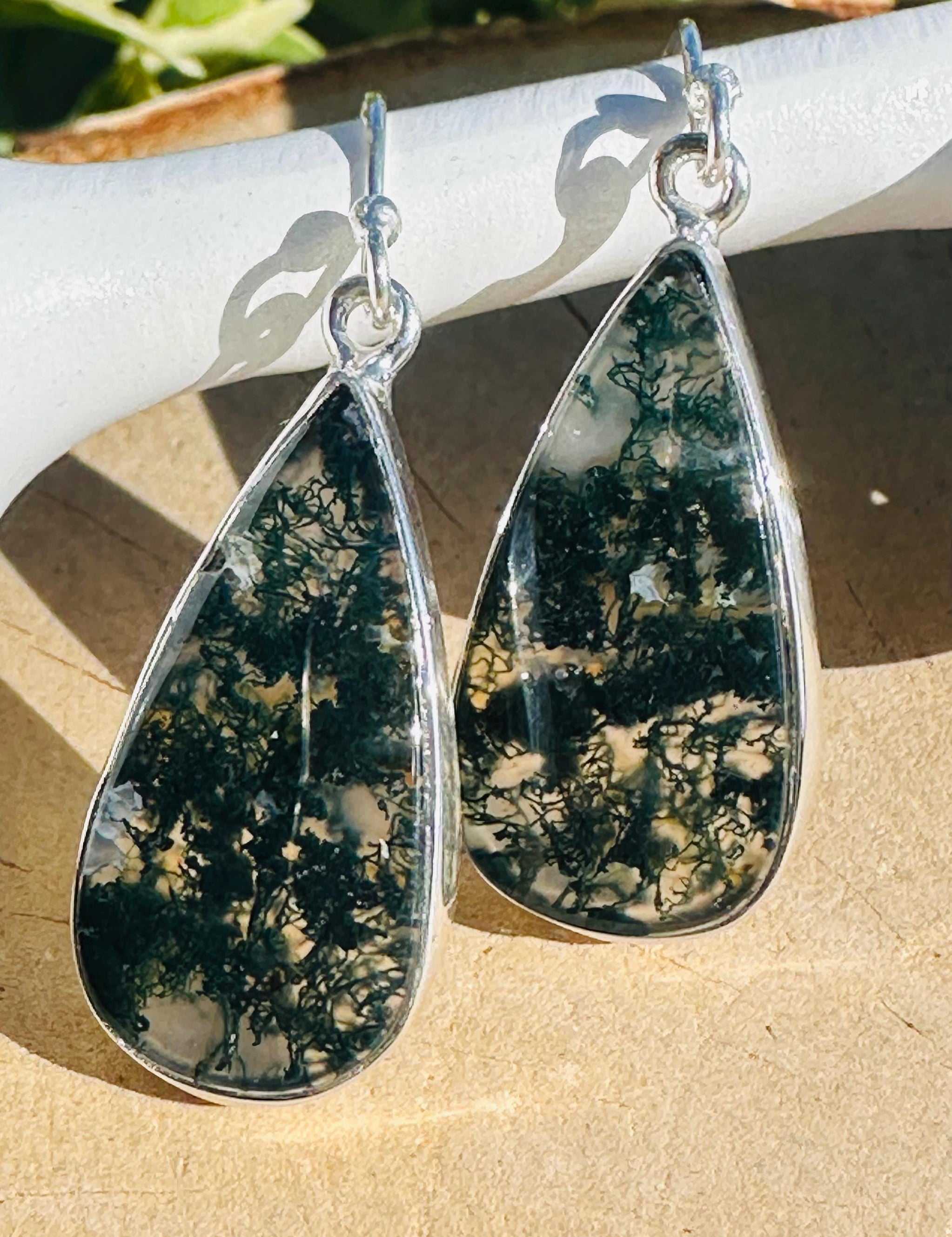 Moss Agate Dangle Earrings, Large Teardrop 26mm x 13mm Sterling Silver, Handmade UK gift