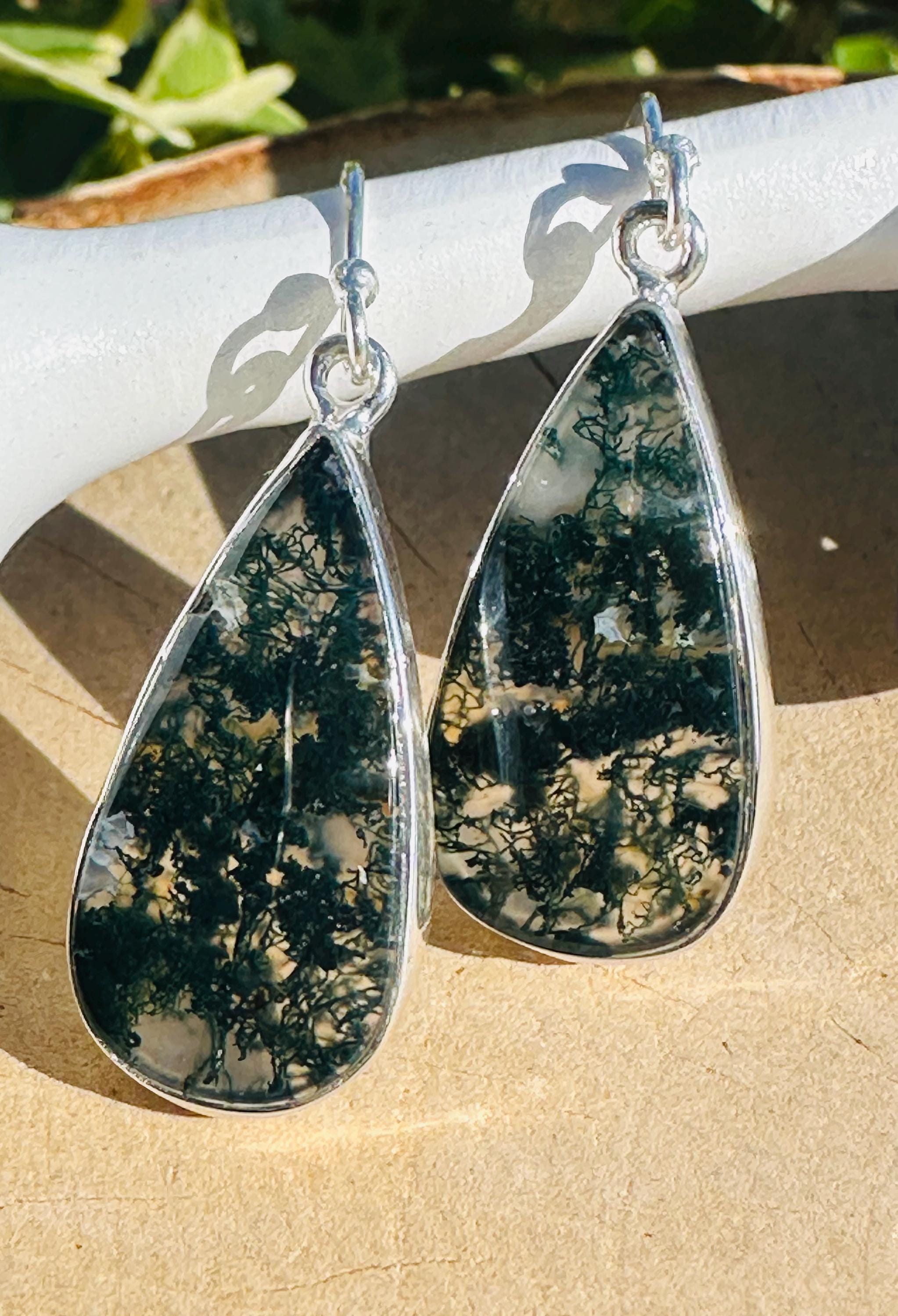 Moss Agate Dangle Earrings, Large Teardrop 26mm x 13mm Sterling Silver, Handmade UK gift