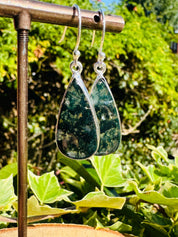 Moss Agate Dangle Earrings, Large Teardrop 26mm x 13mm Sterling Silver, Handmade UK gift