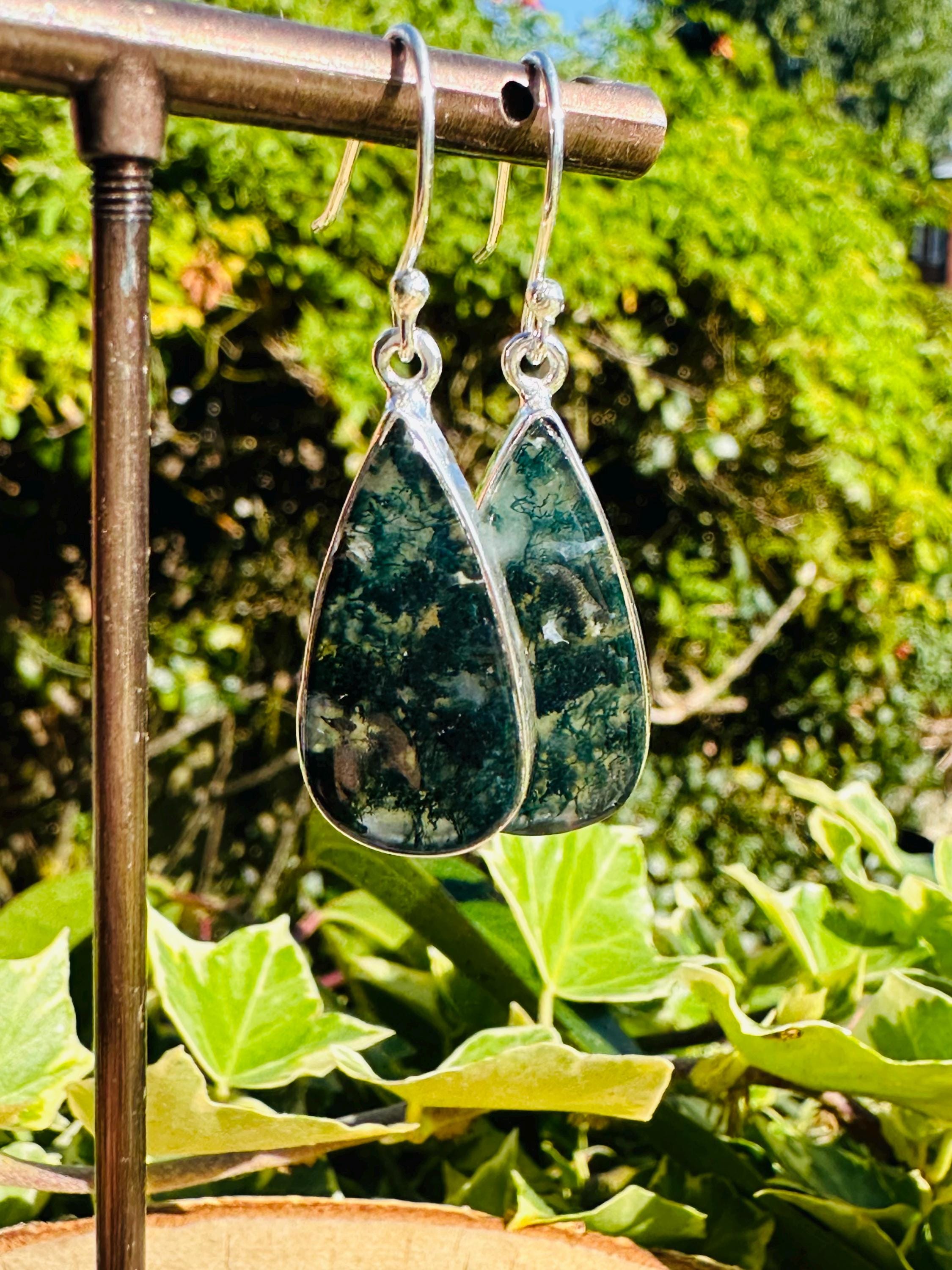 Moss Agate Dangle Earrings, Large Teardrop 26mm x 13mm Sterling Silver, Handmade UK gift