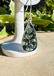 Moss Agate Dangle Earrings, Large Teardrop 26mm x 13mm Sterling Silver, Handmade UK gift