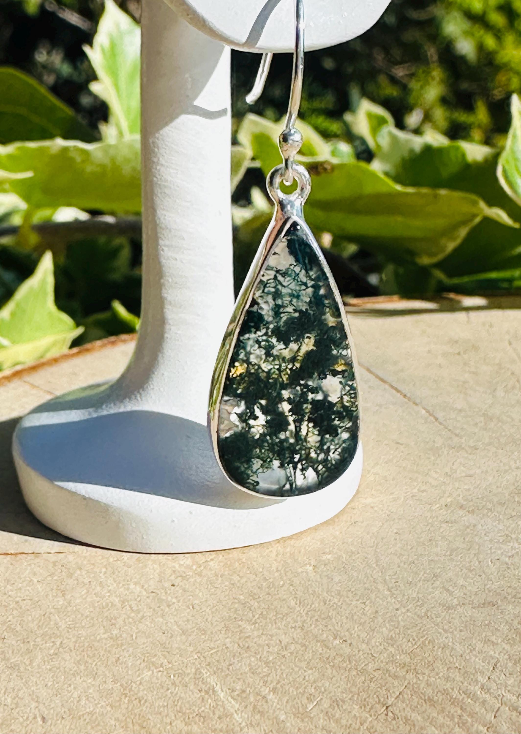 Moss Agate Dangle Earrings, Large Teardrop 26mm x 13mm Sterling Silver, Handmade UK gift