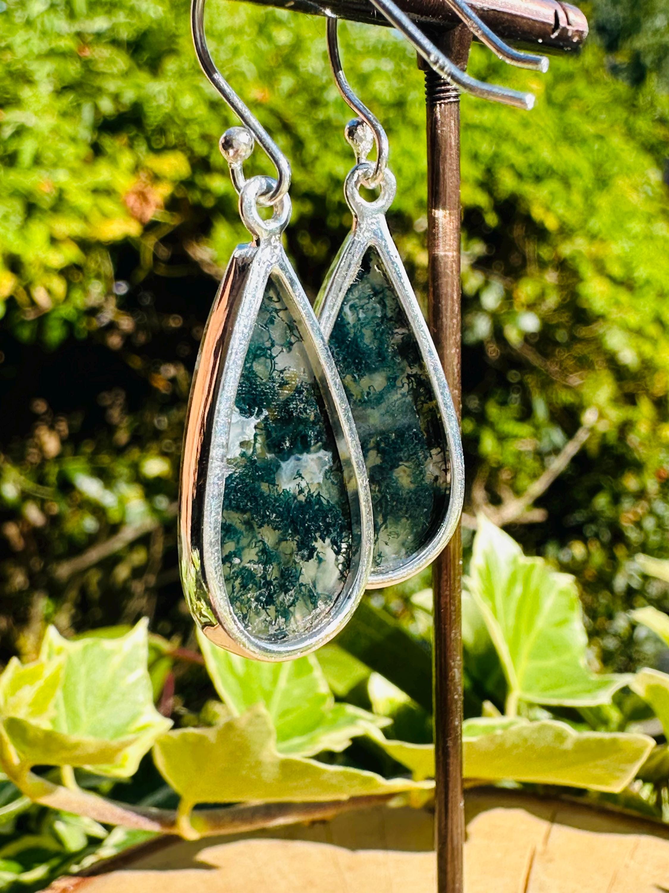 Moss Agate Dangle Earrings, Large Teardrop 26mm x 13mm Sterling Silver, Handmade UK gift