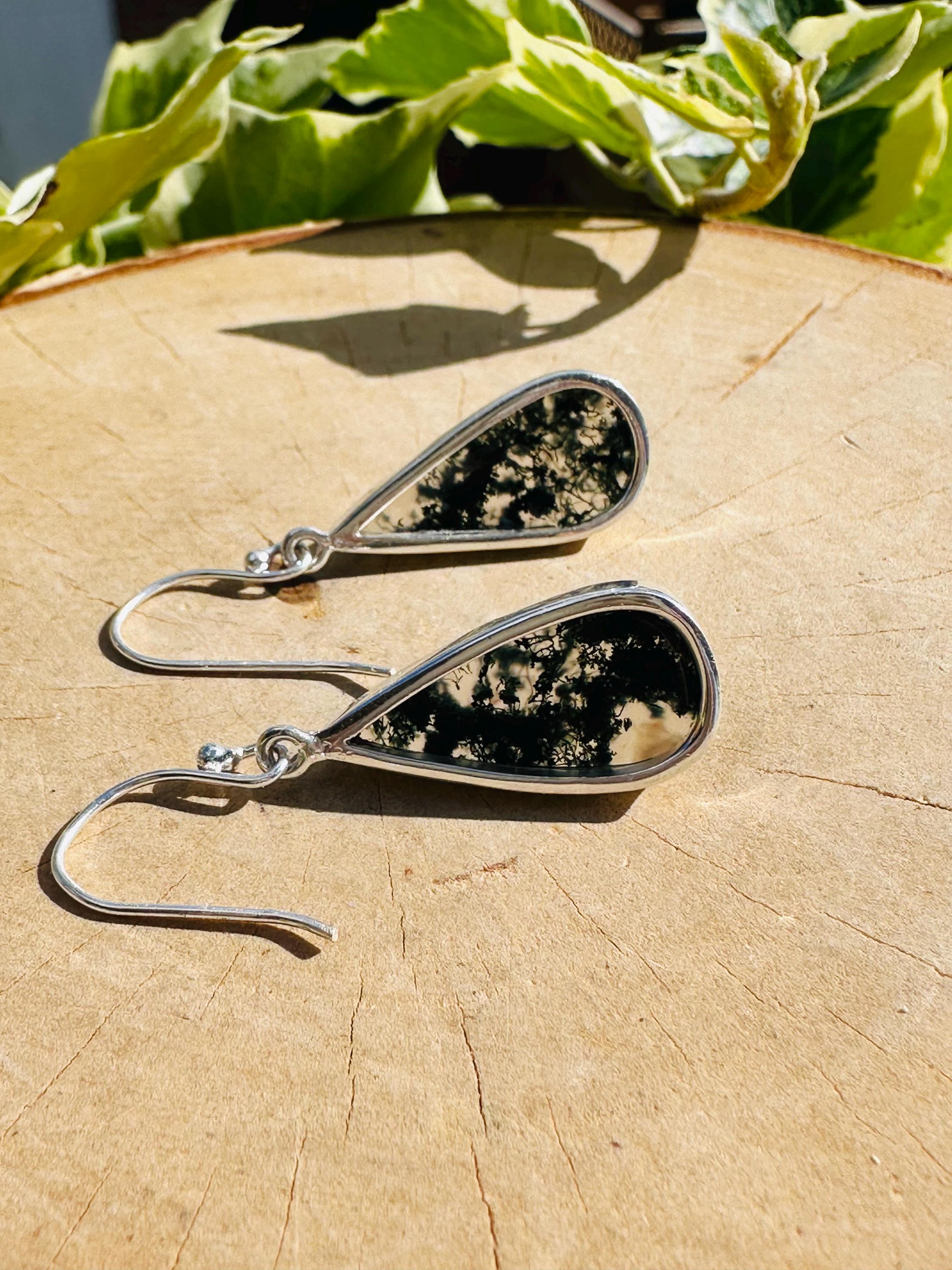 Moss Agate Dangle Earrings, Large Teardrop 23mm x 12mm Sterling Silver, Handmade UK gift