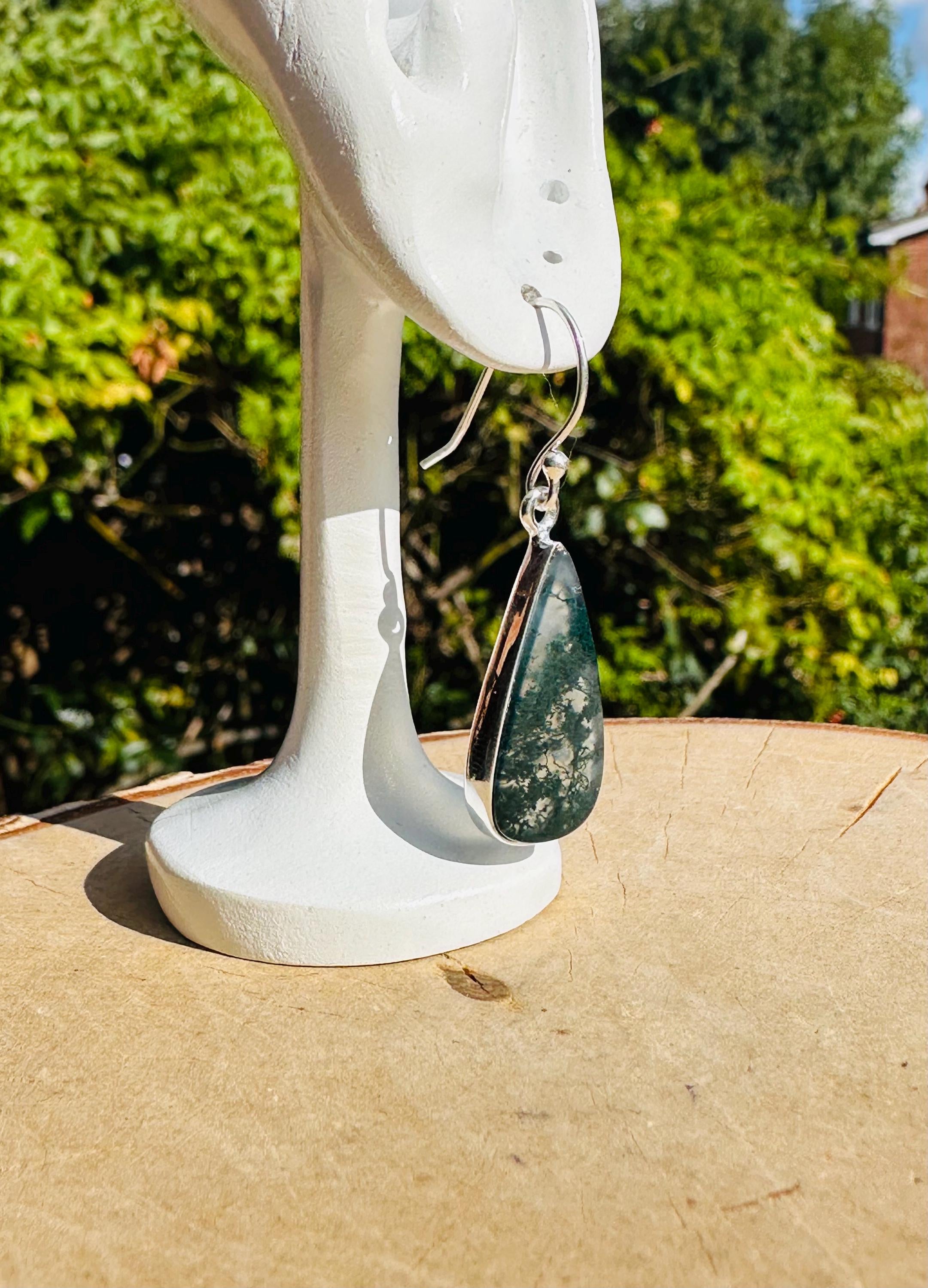 Moss Agate Dangle Earrings, Large Teardrop 23mm x 12mm Sterling Silver, Handmade UK gift