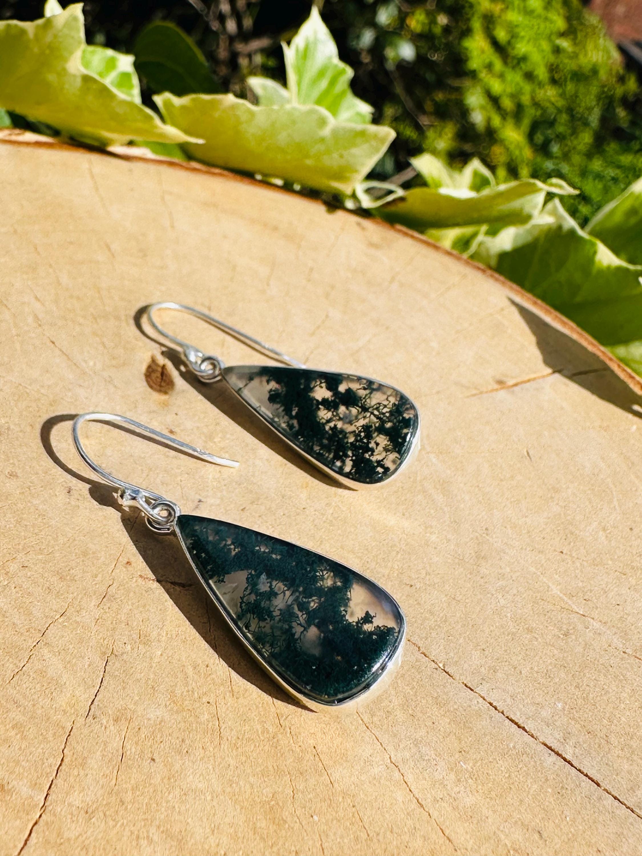 Moss Agate Dangle Earrings, Large Teardrop 23mm x 12mm Sterling Silver, Handmade UK gift