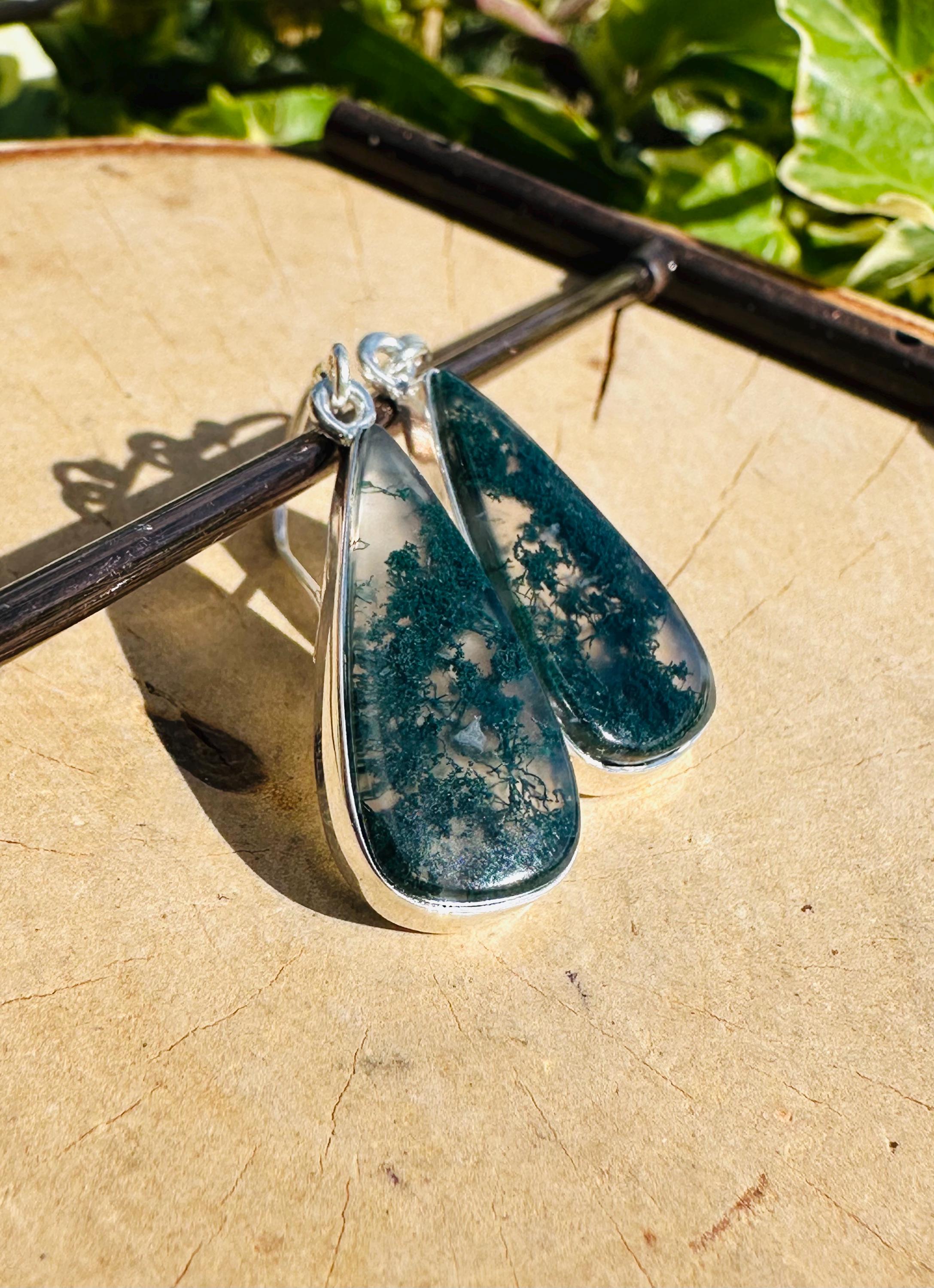 Moss Agate Dangle Earrings, Large Teardrop 23mm x 12mm Sterling Silver, Handmade UK gift