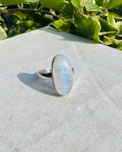 Blue Fire Moonstone Cabochon Ring, Oval 22mm x 11mm, Sterling Silver Handmade UK gift