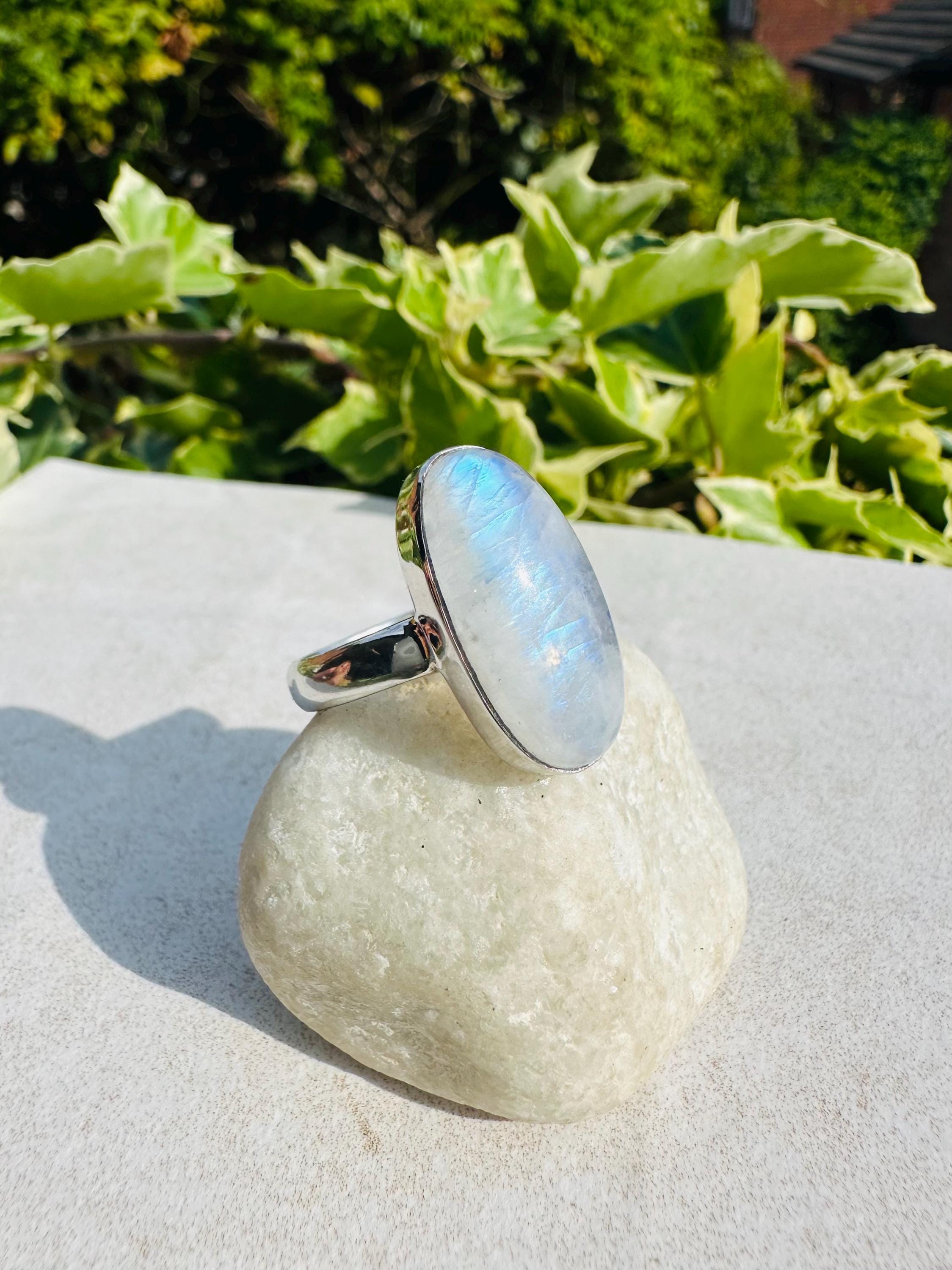 Blue Fire Moonstone Cabochon Ring, Oval 22mm x 11mm, Sterling Silver Handmade UK gift