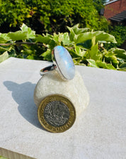 Blue Fire Moonstone Cabochon Ring, Oval 22mm x 11mm, Sterling Silver Handmade UK gift