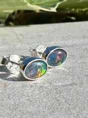 Australian Opal Stud Earrings, Oval Sterling Silver Handmade UK