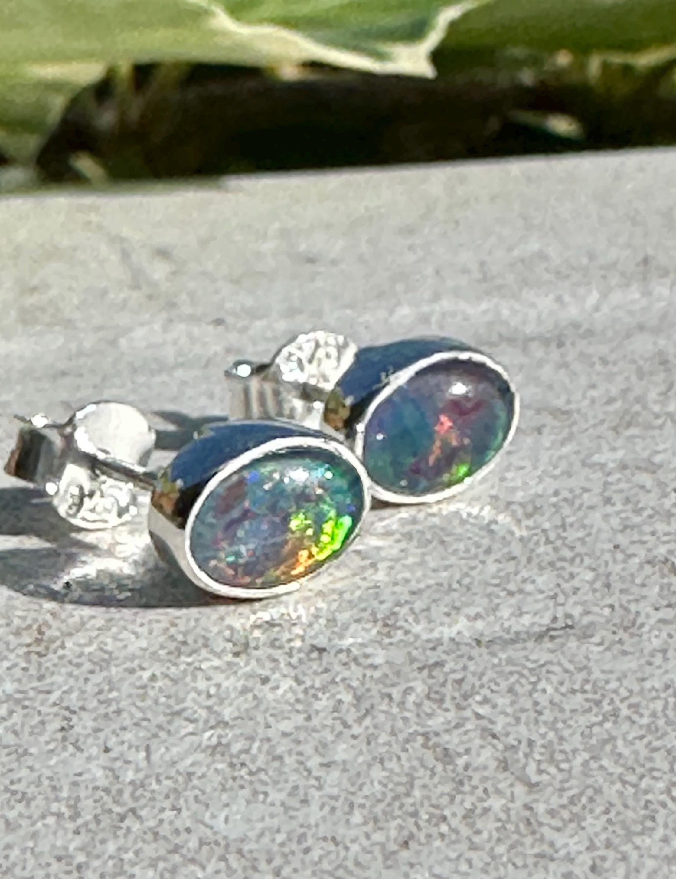 Australian Opal Stud Earrings, Oval Sterling Silver Handmade UK