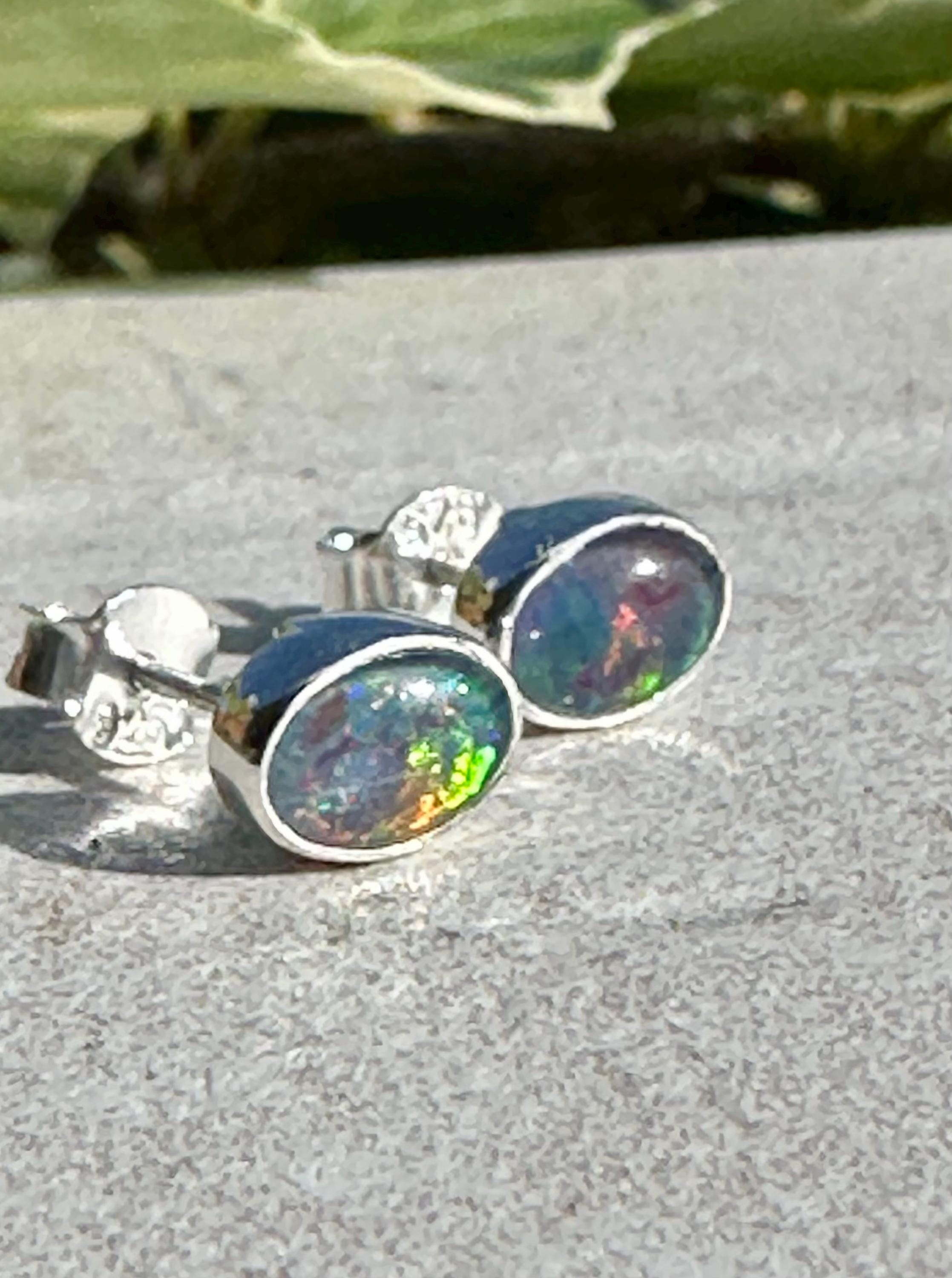 Australian Opal Stud Earrings, Oval Sterling Silver Handmade UK