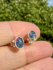 Australian Opal Stud Earrings, Oval Sterling Silver Handmade UK