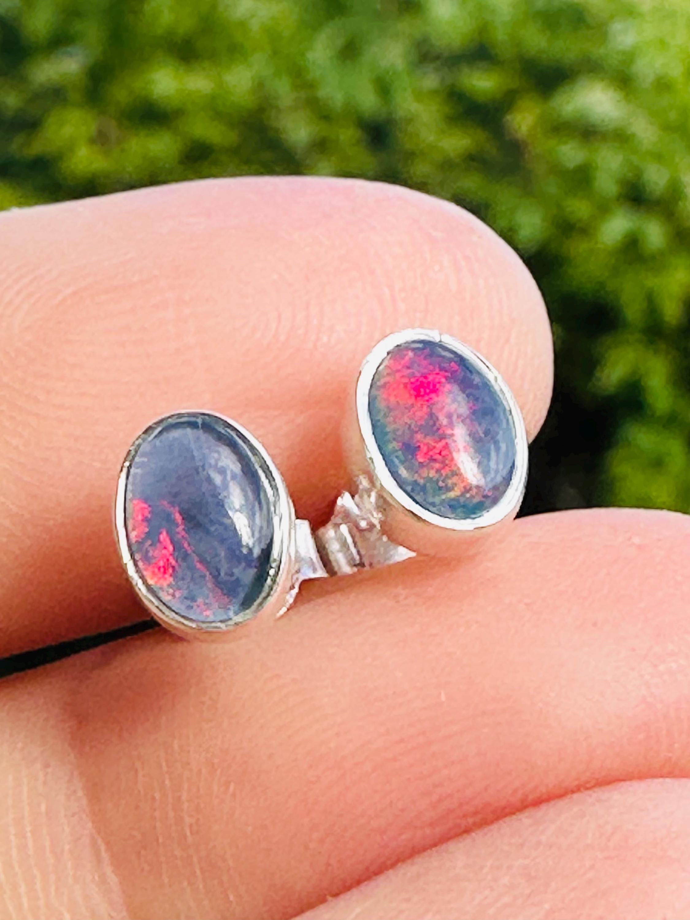 Australian Opal Stud Earrings, Oval Sterling Silver Handmade UK