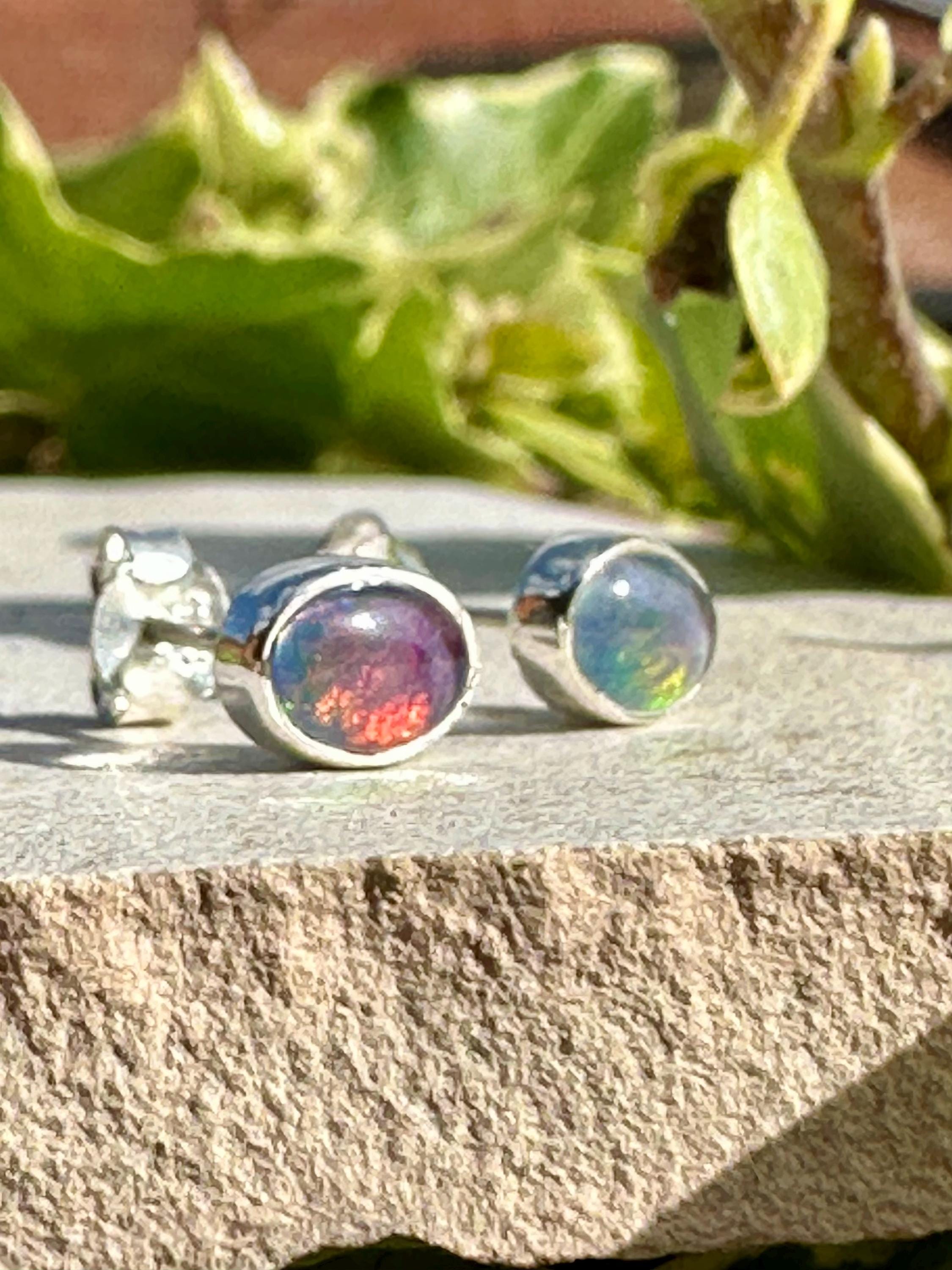 Australian Opal Stud Earrings, Oval Sterling Silver Handmade UK