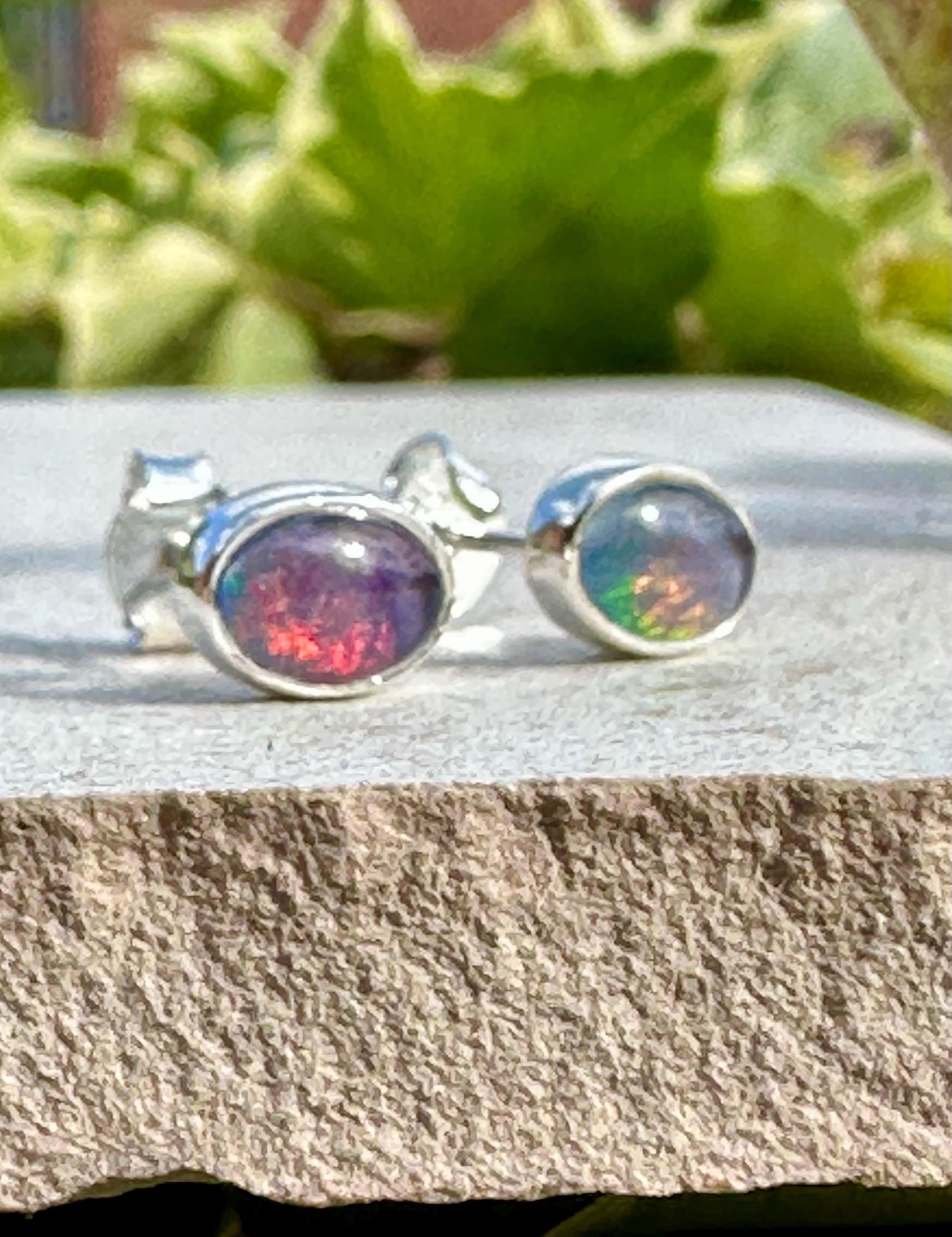 Australian Opal Stud Earrings, Oval Sterling Silver Handmade UK