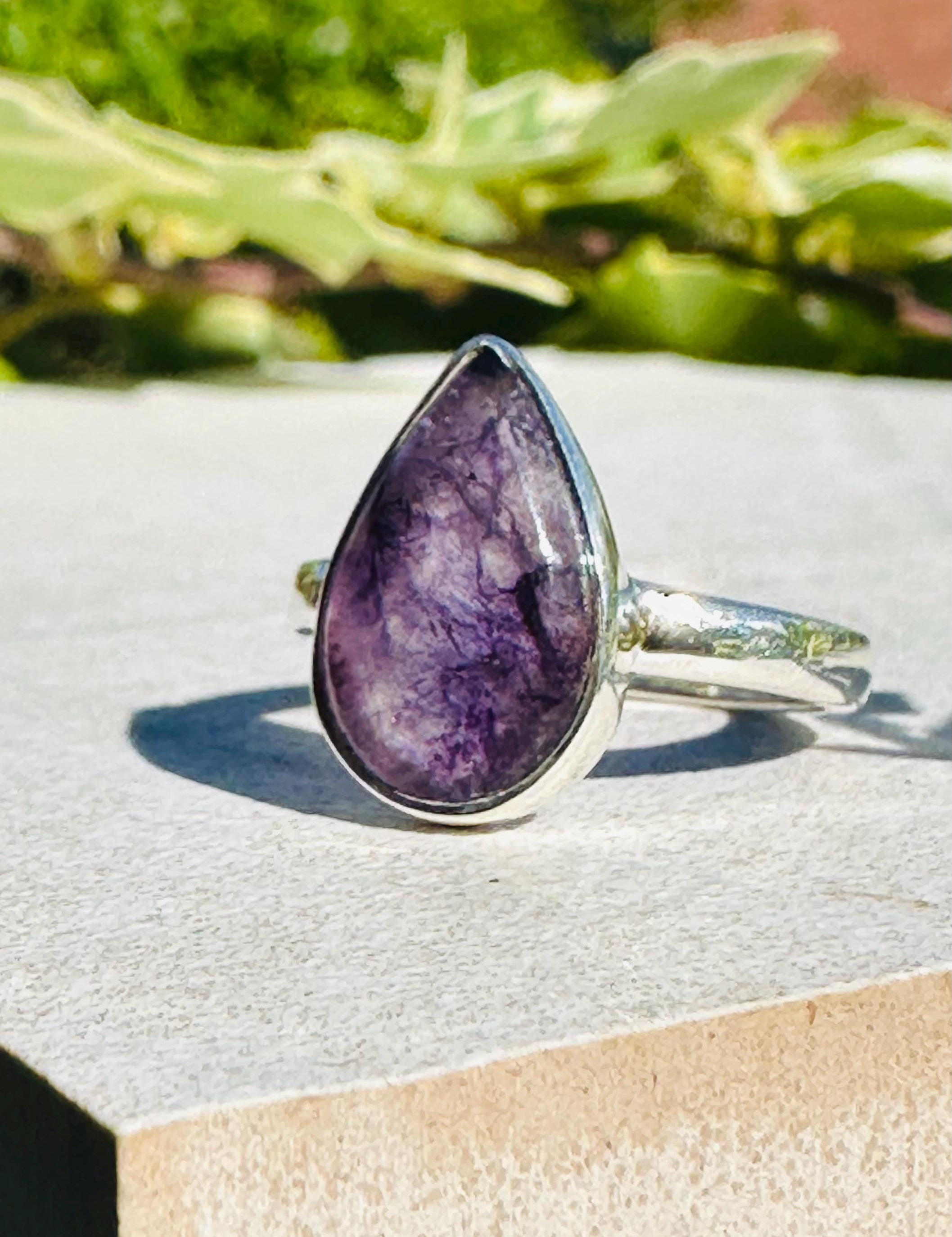 Unique Blue John Ring, Teardrop 15mm x 10mm, Sterling Silver, Handmade Derbyshire UK gift