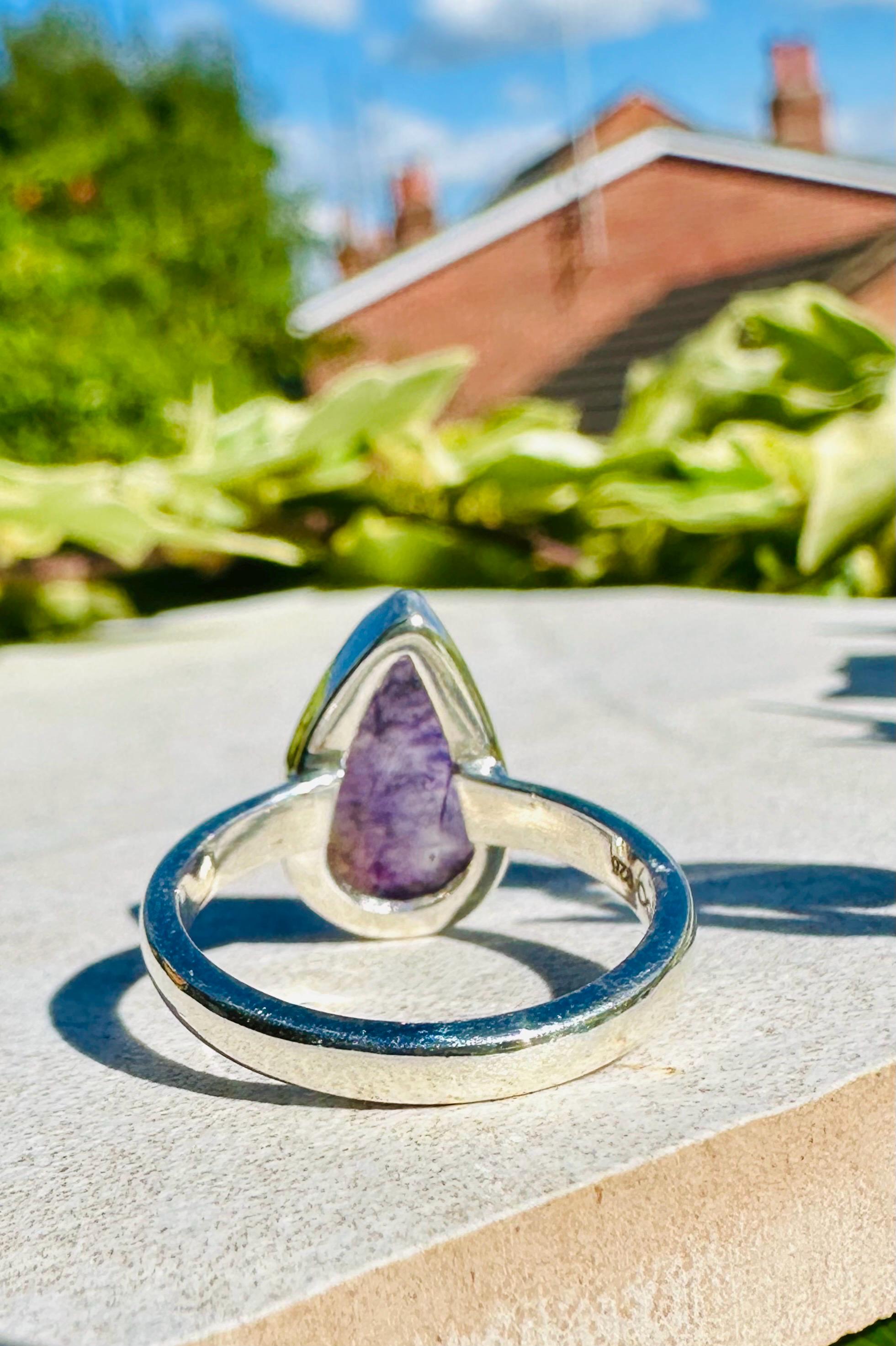 Unique Blue John Ring, Teardrop 15mm x 10mm, Sterling Silver, Handmade Derbyshire UK gift