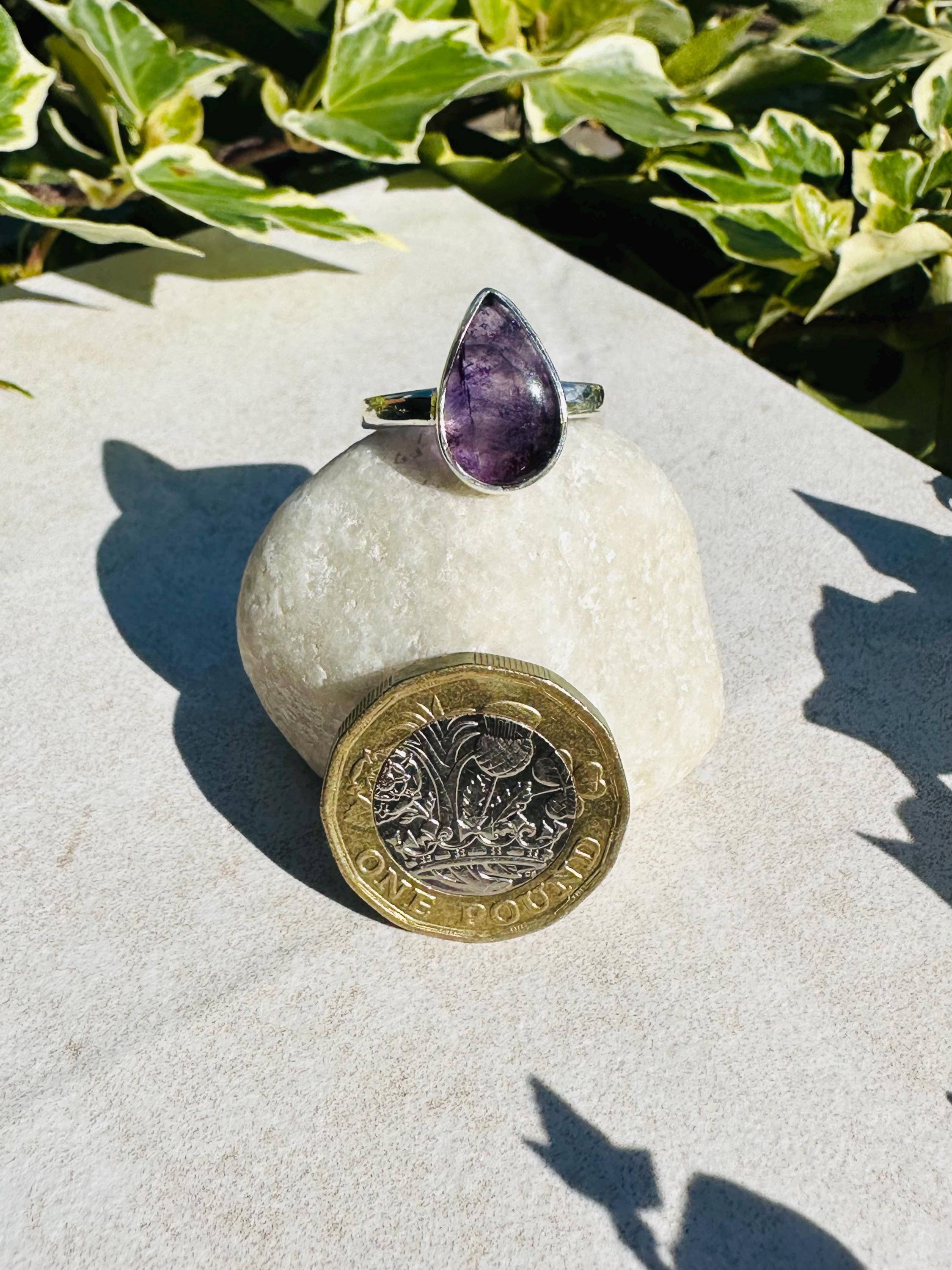 Unique Blue John Ring, Teardrop 15mm x 10mm, Sterling Silver, Handmade Derbyshire UK gift