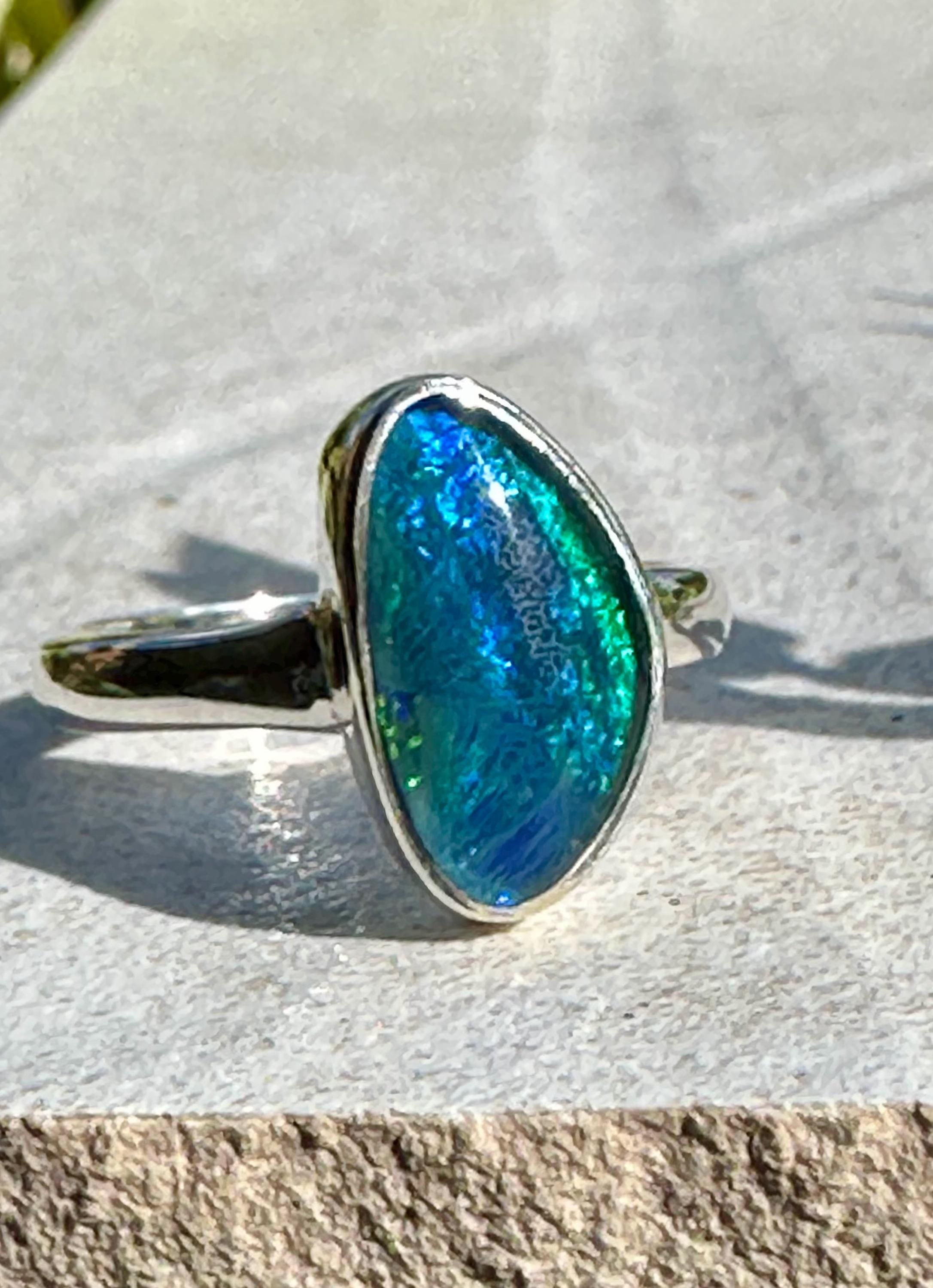 Natural Australian Opal Ring 14mm x 8mm Sterling Silver Size N 1/2 (7) Handmade UK