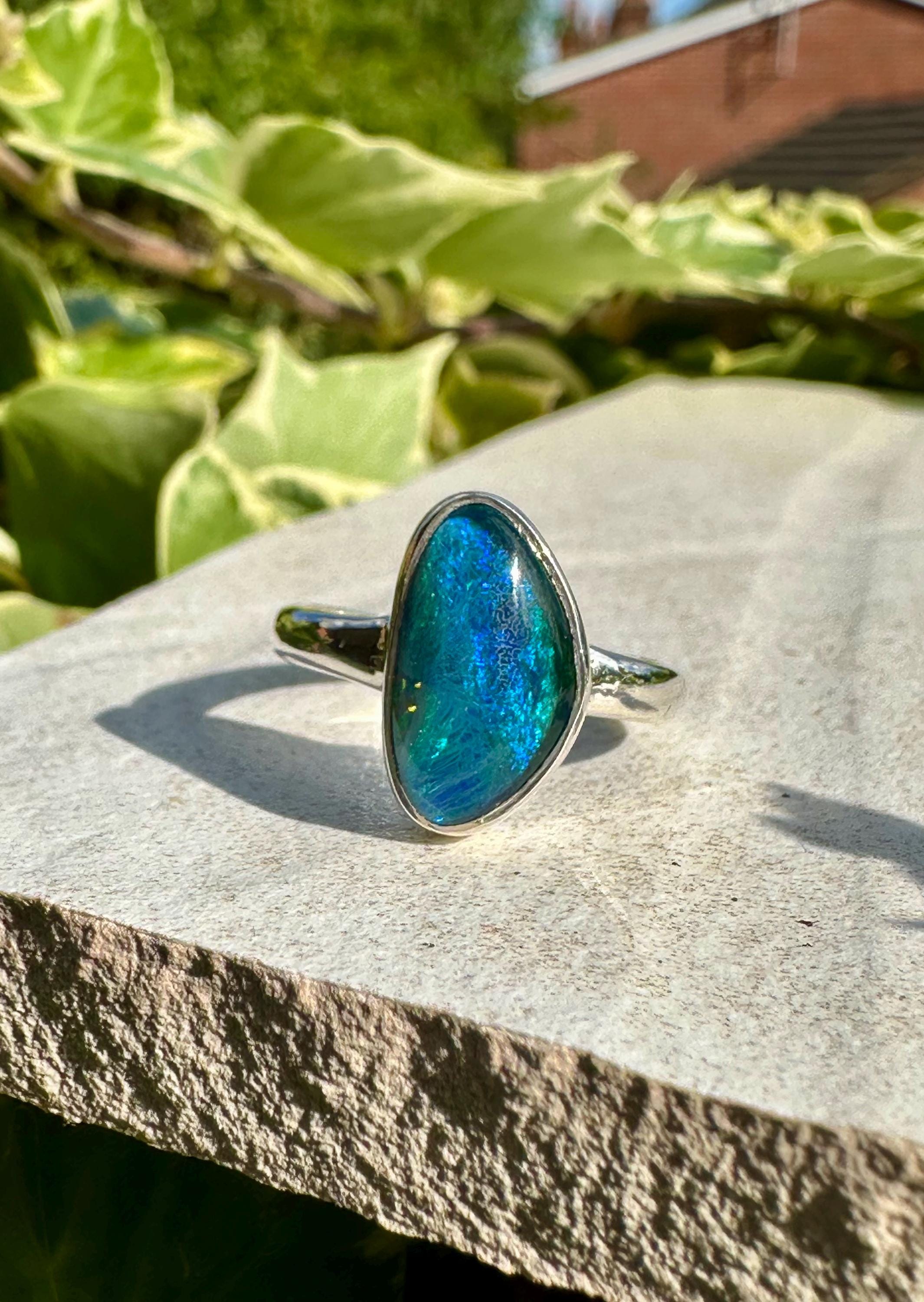 Natural Australian Opal Ring 14mm x 8mm Sterling Silver Size N 1/2 (7) Handmade UK