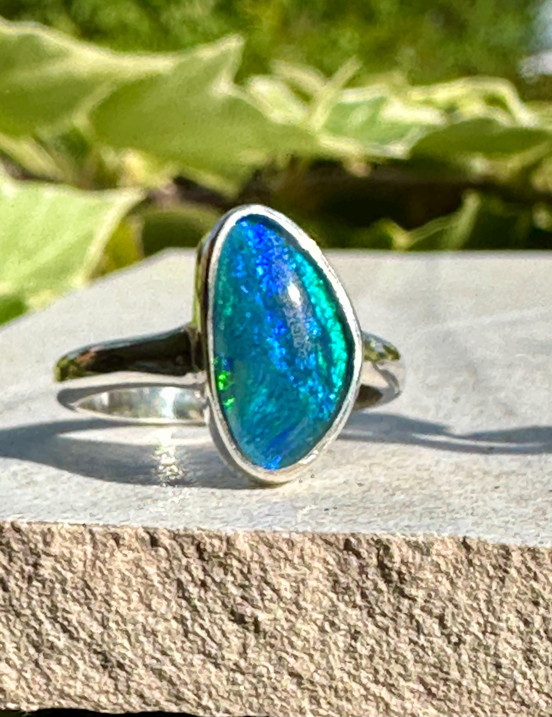 Natural Australian Opal Ring 14mm x 8mm Sterling Silver Size N 1/2 (7) Handmade UK